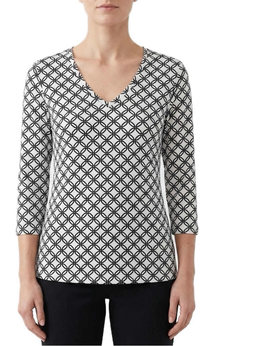 J. McLaughlin White with Black Geometric Print V-Neck Top